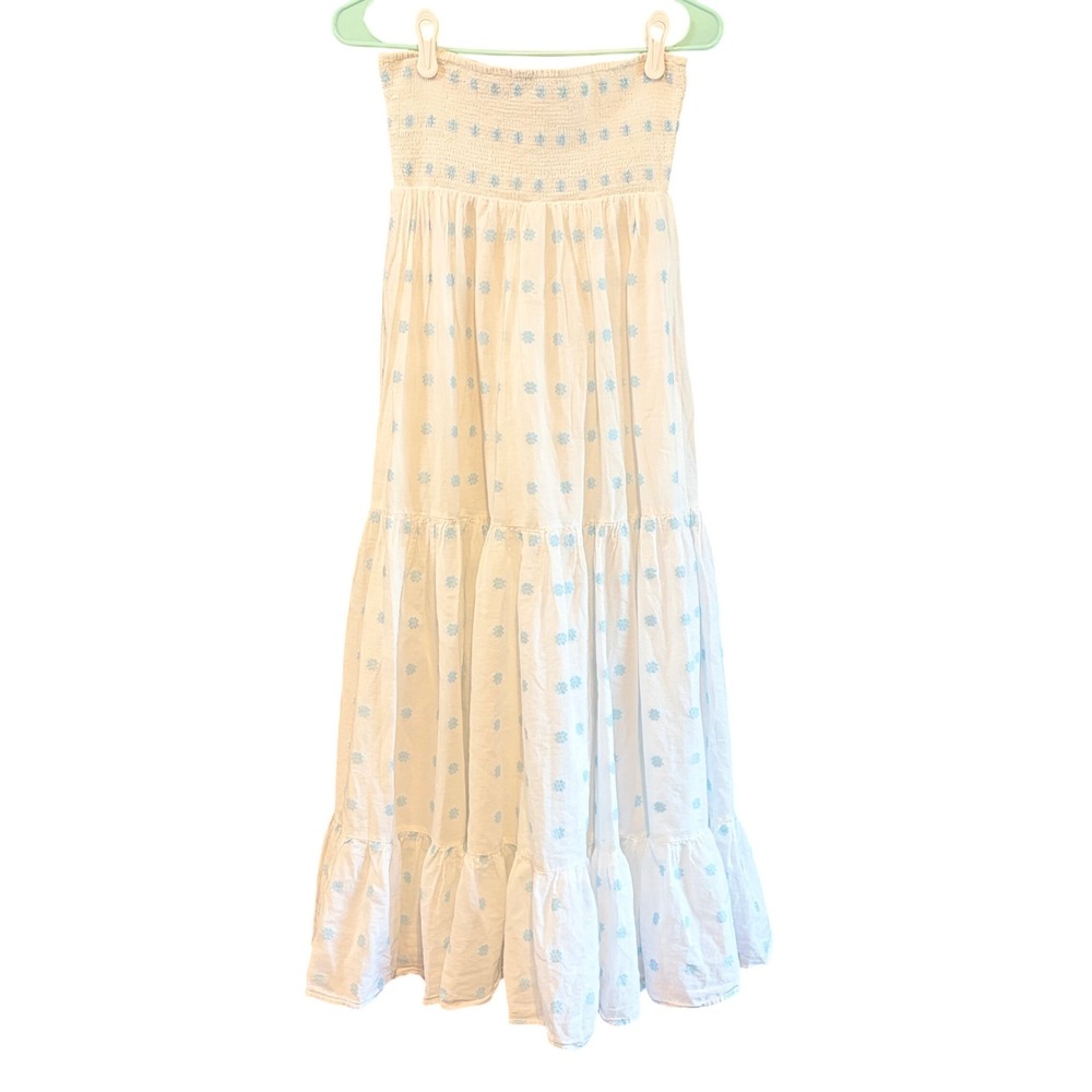 Zara Womens‎ White Blue Floral Embroidered Smocked Strapless Maxi Dress XS